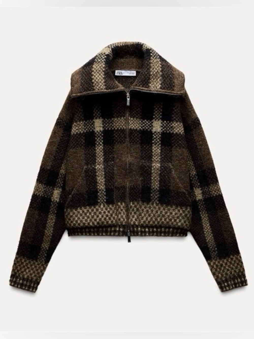 Zara Checked Plait Knit Bomber Zip Up Slightly cropped Cardigan Jacket SZ S
